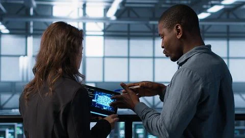 Teamworking server farm employees using AI on tablet 스톡 사진