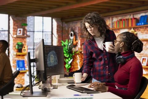 Teamworking startup office colleagues using artificial intelligence technology 스톡 사진