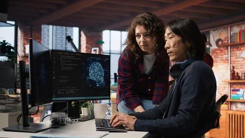 Teamworking startup office colleagues using artificial intelligence 스톡 사진