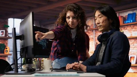 Teamworking startup office colleagues using artificial intelligence Foto stock