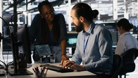 Teamworking system administrators in data center using AI automation Stock Photos