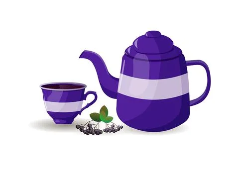 Teapot and cup with currant branch in cartoon style Stock Illustration