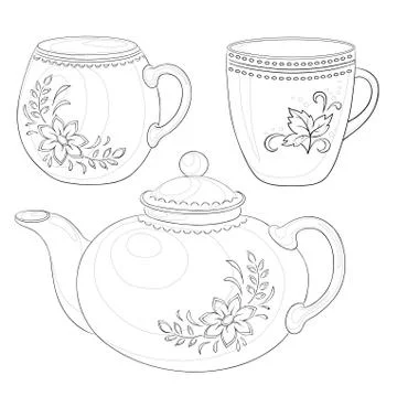 Teapot and cups, contours Stock-Illustration