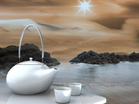 Teapot and cups on table with nice background Stock Photos