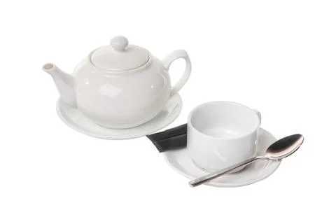 Teapot and empty cup isolated white Stock Photos