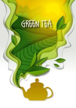 Teapot with aromatic green tea, vector paper art illustration Stock Illustration