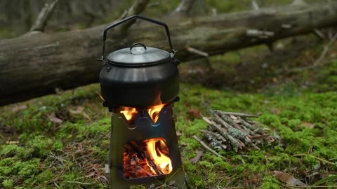 Teapot boiling in nature Stockbeeldmateriaal 294582706