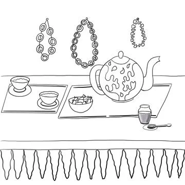 Teapot for brewing tea, tea drinking, bagels, drying, everything for tea, cups f Stock Illustration