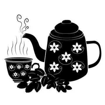 Teapot contours of a cup of rosehip branches with fruits Stock Illustration