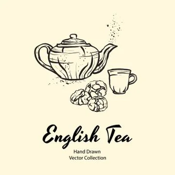 Teapot, cup and biscuits black line hand drawn vector illustration in old sty Stock Illustration
