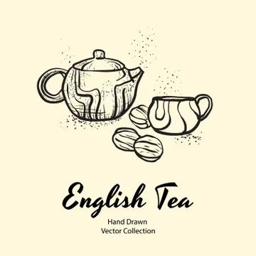 Teapot, cup and biscuits nuts black line hand drawn vector illustration in ol Stock Illustration