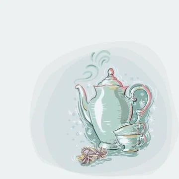 Teapot cups anise blue vector christmas card background soft color pastel pai Ilustración de archivo