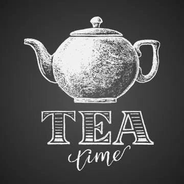 Teapot drawn on chalkboard with Tea Time lettering Stock Illustration