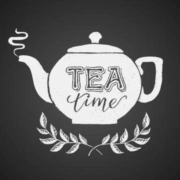 Teapot drawn on chalkboard with Tea Time lettering Illustration