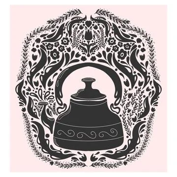Teapot. Folk-style pattern, symmetrical, detailed vector element. Rustic, Sca イラスト素材