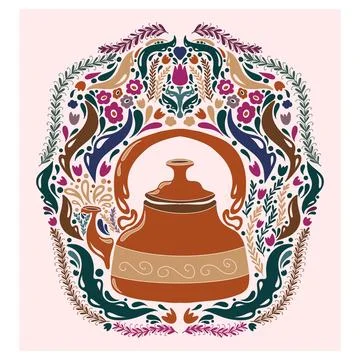 Teapot. Folk-style pattern, symmetrical, detailed vector element. Rustic, Sca Stock Illustration