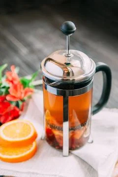 Teapot with fruit tea Stock Photos
