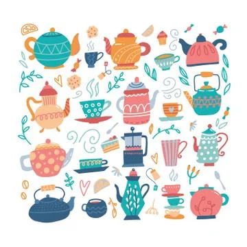 Teapot hand drawn big set with cups and sweeties. Isolated kettle, illustrati Stock Illustration