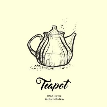 Teapot hand drawn ink vector illustration in old style. Isolated line kettle, Stock Illustration