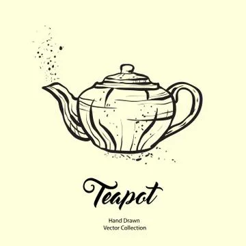 Teapot hand drawn ink vector illustration in old style. Isolated line kettle, Stock Illustration
