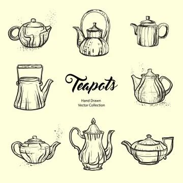 Teapot hand drawn ink vector illustration set old style. Isolated line kettle Stock Illustration