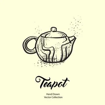 Teapot hand drawn ink vector illustration in old style. Isolated line kettle, Stock Illustration