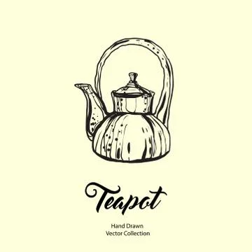Teapot hand drawn ink vector illustration in old style. Isolated line kettle, Stock Illustration