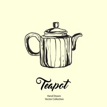 Teapot hand drawn ink vector illustration in old style. Isolated line kettle, Stock Illustration