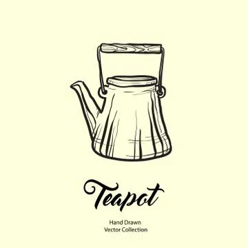 Teapot hand drawn ink vector illustration in old style. Isolated line kettle, Stock Illustration