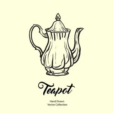 Teapot hand drawn ink vector illustration in old style. Isolated line kettle, Stock Illustration