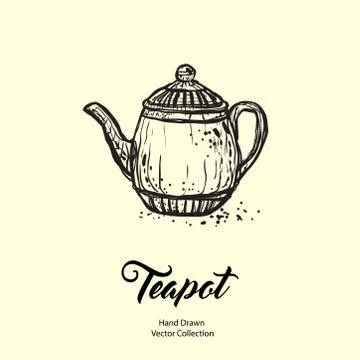 Teapot hand drawn ink vector illustration in old style. Isolated line kettle, Stock Illustration