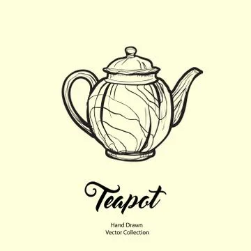 Teapot hand drawn ink vector illustration in old style. Isolated line kettle, Stock Illustration