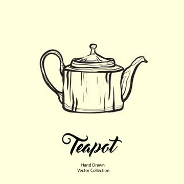 Teapot hand drawn ink vector illustration in old style. Isolated line kettle, Stock Illustration