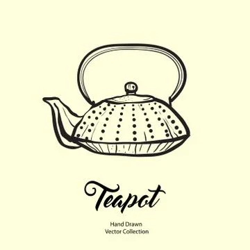 Teapot hand drawn ink vector illustration in old style. Isolated line kettle, Stock Illustration