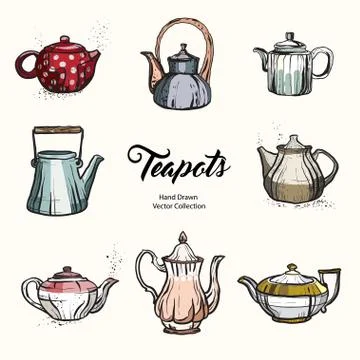 Teapot hand drawn ink vector illustration set old style. Isolated line kettle Stock Illustration
