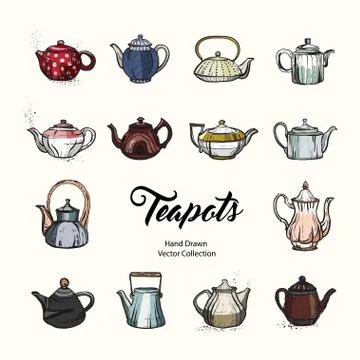 Teapot hand drawn ink vector illustration set old style. Isolated line kettle Stock Illustration