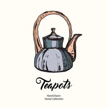 Teapot hand drawn ink vector illustration in old style. Isolated line blue ke Stock Illustration