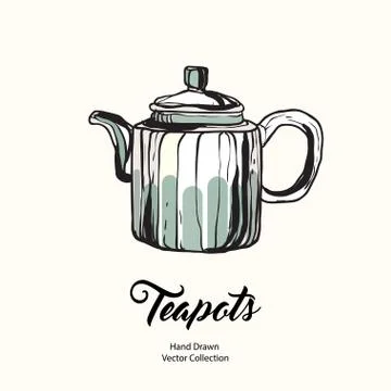 Teapot hand drawn ink vector illustration in old style. Isolated line blue ke Stock Illustration