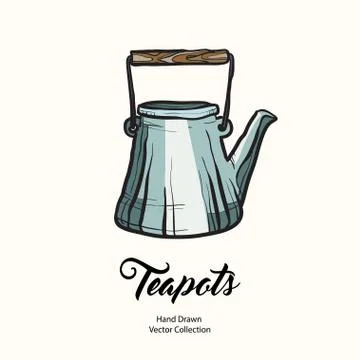 Teapot hand drawn ink vector illustration in old style. Isolated line blue ke Stock Illustration