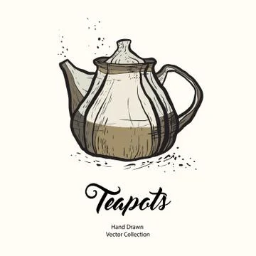 Teapot hand drawn ink vector illustration old style. Isolated line clay brown Stock Illustration