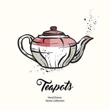 Teapot hand drawn ink vector illustration old style. Isolated line white pink Stock Illustration