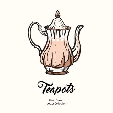 Teapot hand drawn ink vector illustration old style. Isolated line white pink Stock Illustration
