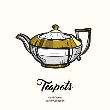 Teapot hand drawn ink vector illustration old style. Isolated line white gold Stock Illustration