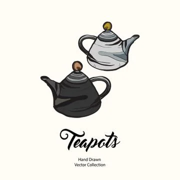 Teapot hand drawn ink vector illustration old style. Isolated line white blac Stock Illustration