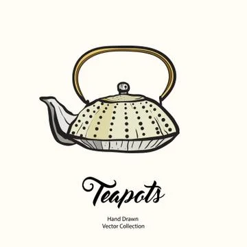 Teapot hand drawn ink vector illustration old style. Isolated line chinese ke Stock Illustration