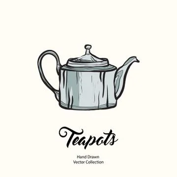 Teapot hand drawn ink vector illustration in old style. Isolated line blue ke Stock Illustration