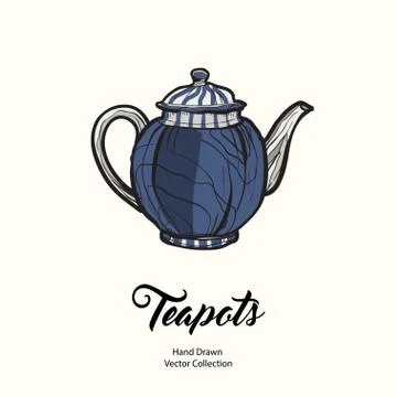 Teapot hand drawn ink vector illustration in old style. Isolated line blue ke Stock Illustration