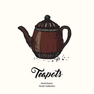 Teapot hand drawn ink vector illustration old style. Isolated line clay brown Stock Illustration