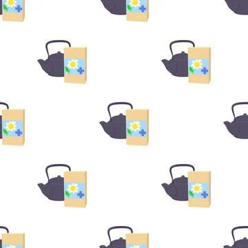 Teapot of herbal tea with chamomile pattern seamless vector Stock Illustration