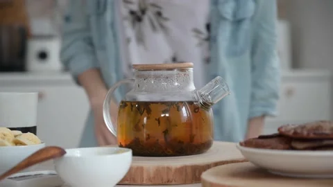 Teapot of herbal tea . Tea time. Blooming sally. Stock Footage 187484450